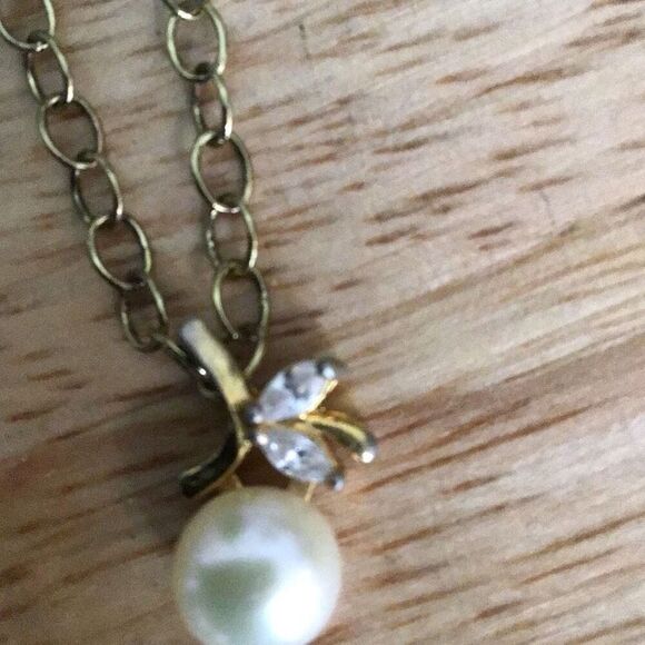 Necklace, Pearl and Rhinestone Pendant, Brass, Gold Color, 18" - Picture 1 of 6
